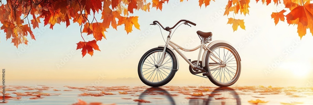 Poster White bicycle parked under autumn leaves on a sunny day.