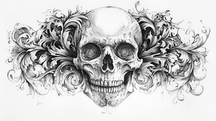 Obraz premium Artistic rendering of a skull tattoo design, intricate patterns, black and grey