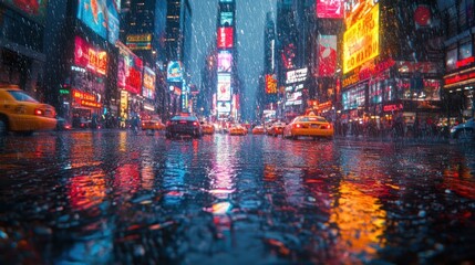 Naklejka premium Rainy Times Square with vibrant lights reflecting on wet pavement.