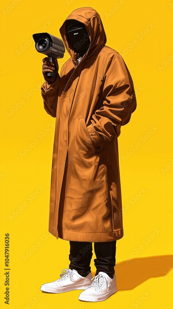 Aufkleber mysterious figure in yellow background holding camera exploring the intersection of surveillance and