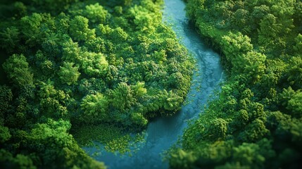 Fototapeta premium Lush Green Forest with Winding River Aerial View