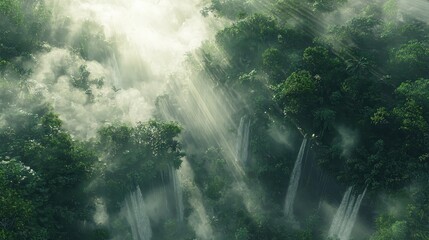 Obraz premium Misty Aerial View of Rainforest with Cascading Waterfalls