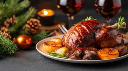 A deliciously roasted turkey sits on a platter surrounded by golden vegetables, garnished with herbs. Two glasses of red wine complement the festive atmosphere with candles in the background