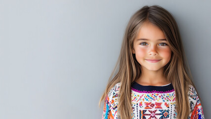 Fototapeta premium Australian little girl in traditional bunad folk costume isolated on gray