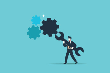 Businessman Adjusting Gear Mechanisms to Achieve Peak Efficiency