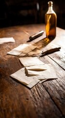Captivating Moment of Nostalgia Letters and a Bottle on a Wooden Table