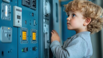 Child playing near an open electrical panel, highlighting the potential dangers of unsafe environments and the need for child safety