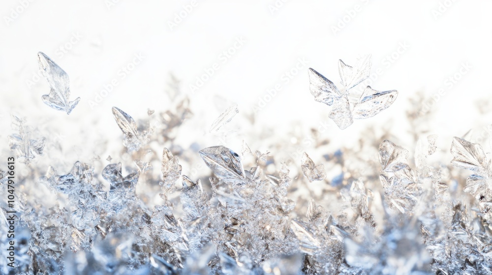 Poster abstract cold season background with floating snowflakes and delicate icy textures, creating a frost