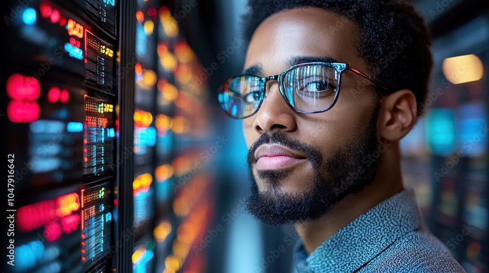 Poster a focused individual wearing glasses observes data on illuminated server racks, showcasing a vibrant