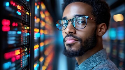 A focused individual wearing glasses observes data on illuminated server racks, showcasing a vibrant array of digital information in a modern tech environment