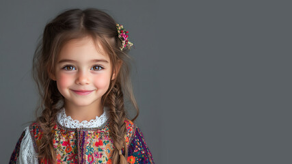 French little girl in traditional bunad folk costume isolated on gray
