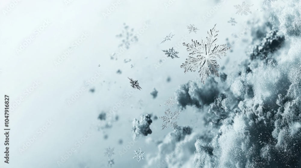 Poster abstract cold season background with floating snowflakes and delicate icy textures, creating a frost