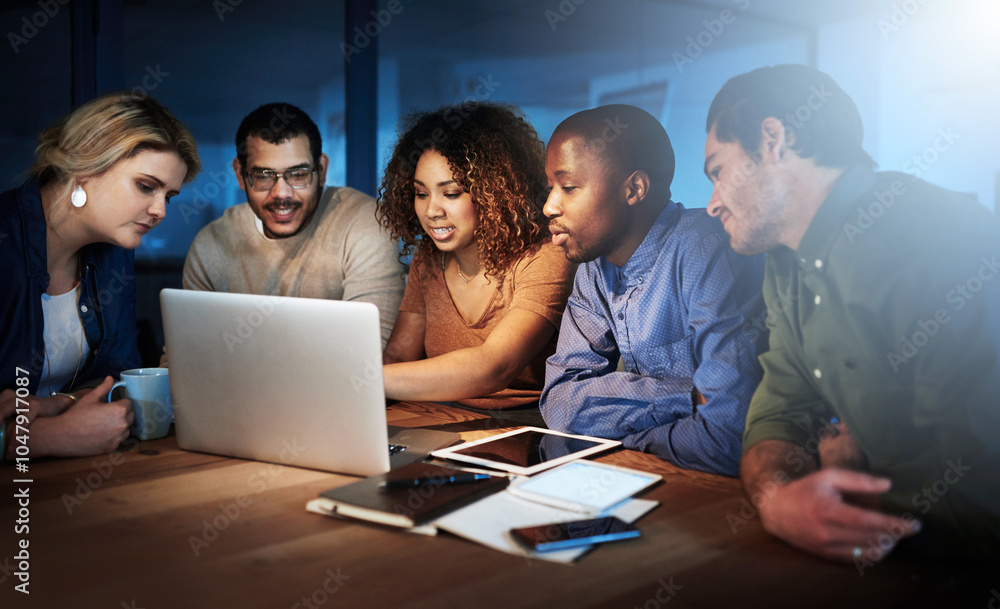 Poster Night, office and business people with teamwork by laptop for website server, launch and solution. Programming, support and IT developer with meeting for backend development, testing and deployment