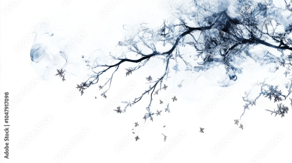 Poster abstract cold season design with delicate frost patterns and floating snowflakes, isolated on white