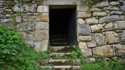 Fototapeta premium Ancient Stone Steps Leading to a Dark Portal