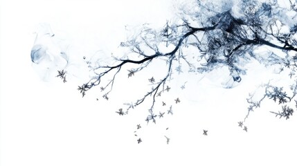 Abstract cold season design with delicate frost patterns and floating snowflakes, isolated on white