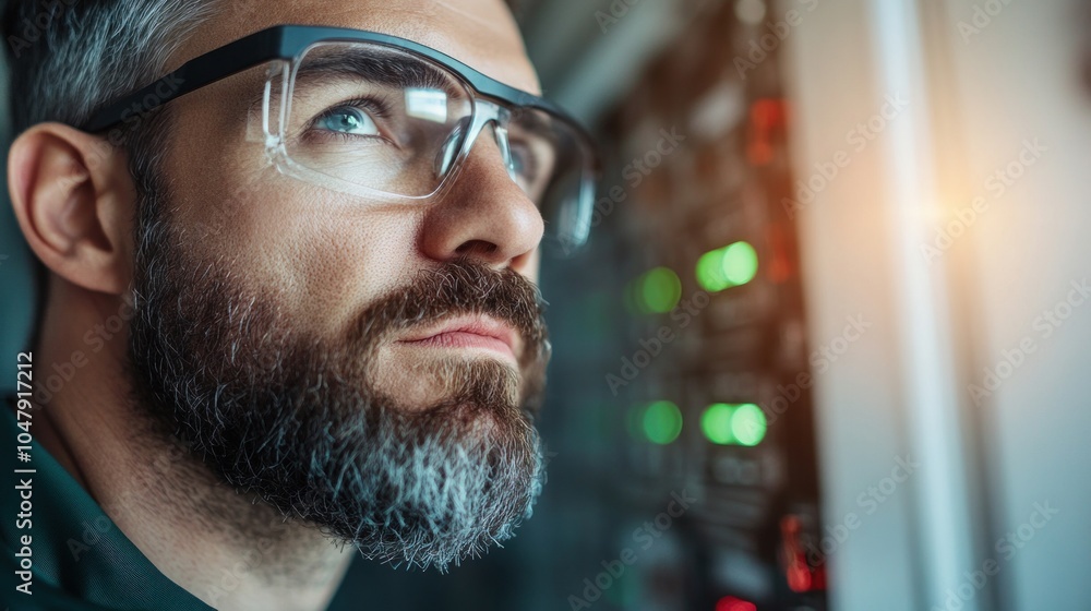 Poster a technician with glasses and a beard closely inspects server equipment in a data center, checking s