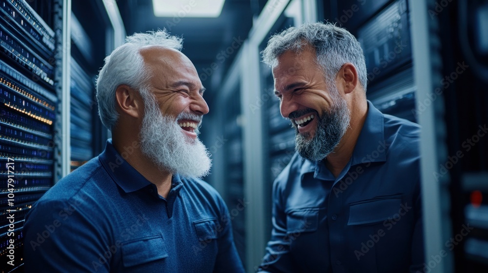 Poster it worker laugh after resolving a server issue, showcasing the camaraderie and positive relationship