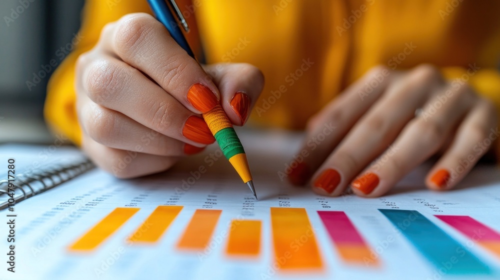 Poster the individual is focused on reviewing various colorful data charts in a well-lit workspace