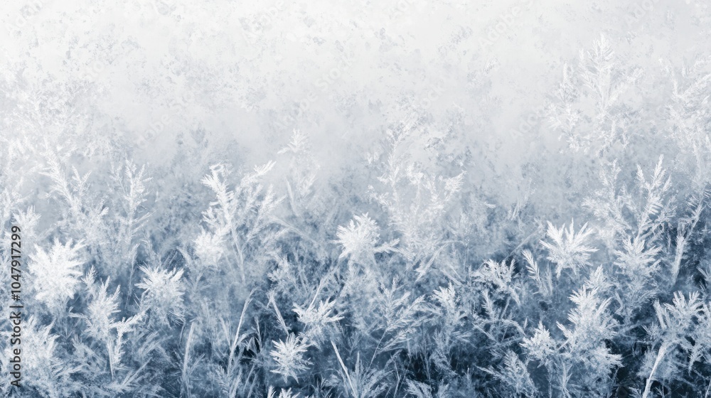 Poster abstract cold season design with delicate frost patterns and floating snowflakes, isolated on white