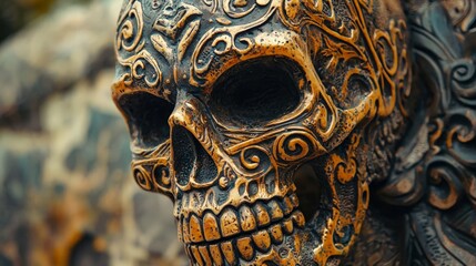 Obraz premium Close-up of a detailed skull mask, intricate design, soft focus