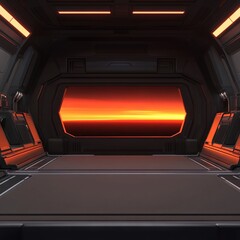 Fototapeta premium A futuristic interior with a window showcasing a vibrant orange horizon.