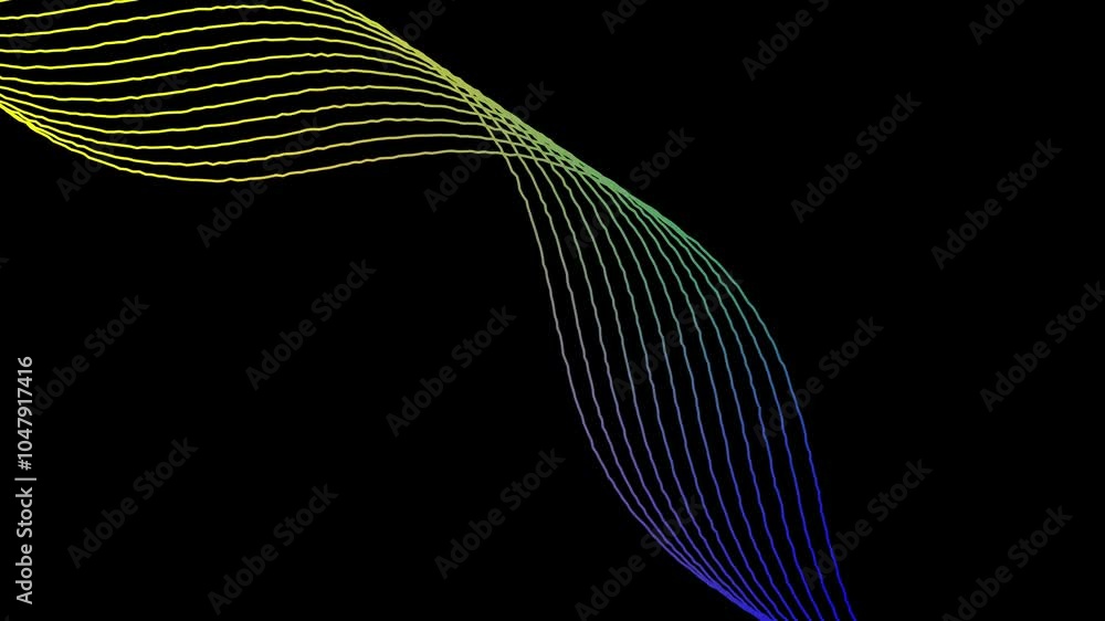 Poster green particle line wave on black background. particle line wave animated, blue green red gradient l