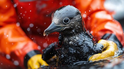 Oil-covered seabird being cleaned by rescuers, symbolizing the tragic impact of oil spills on wildlife and the need for immediate response