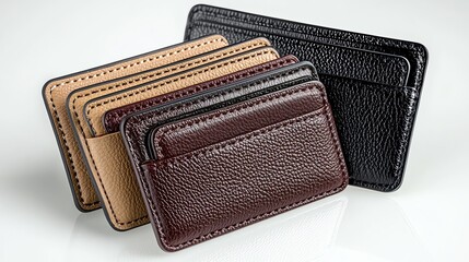 Naklejka premium Collection of leather card holders in different colors (black, tan, burgundy), arranged professionally on white surface, commercial photography style