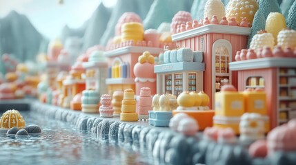 Colorful candy-themed village by a serene waterway.