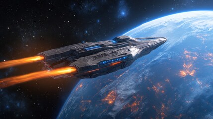 Naklejka premium A sleek spaceship navigates the vastness of space, emitting bright orange jets from its engines. It approaches a planet with a captivating blue surface and glowing elements