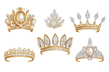 A collection of six elegant crowns featuring pearls and diamonds, perfect for themed celebrations. isolated on transparent background.