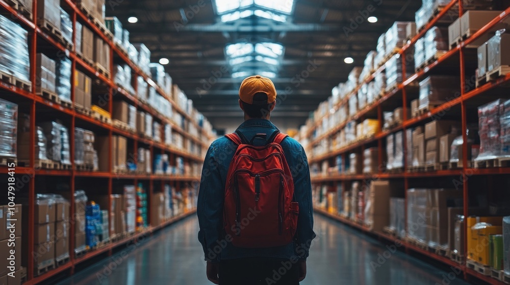 Poster a figure stands at the end of a long aisle in a well-arranged warehouse, surrounded by towering shel