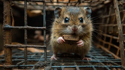 A small rodent with furry brown hair clutches a piece of food in its tiny paws while sitting inside a wire cage, surrounded by shadowy evening light