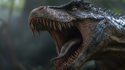 Obraz premium This dinosaur displays its powerful jaws and intimidating teeth in a lush, prehistoric forest, illuminated by a subtle, misty light that enhances its fierce presence