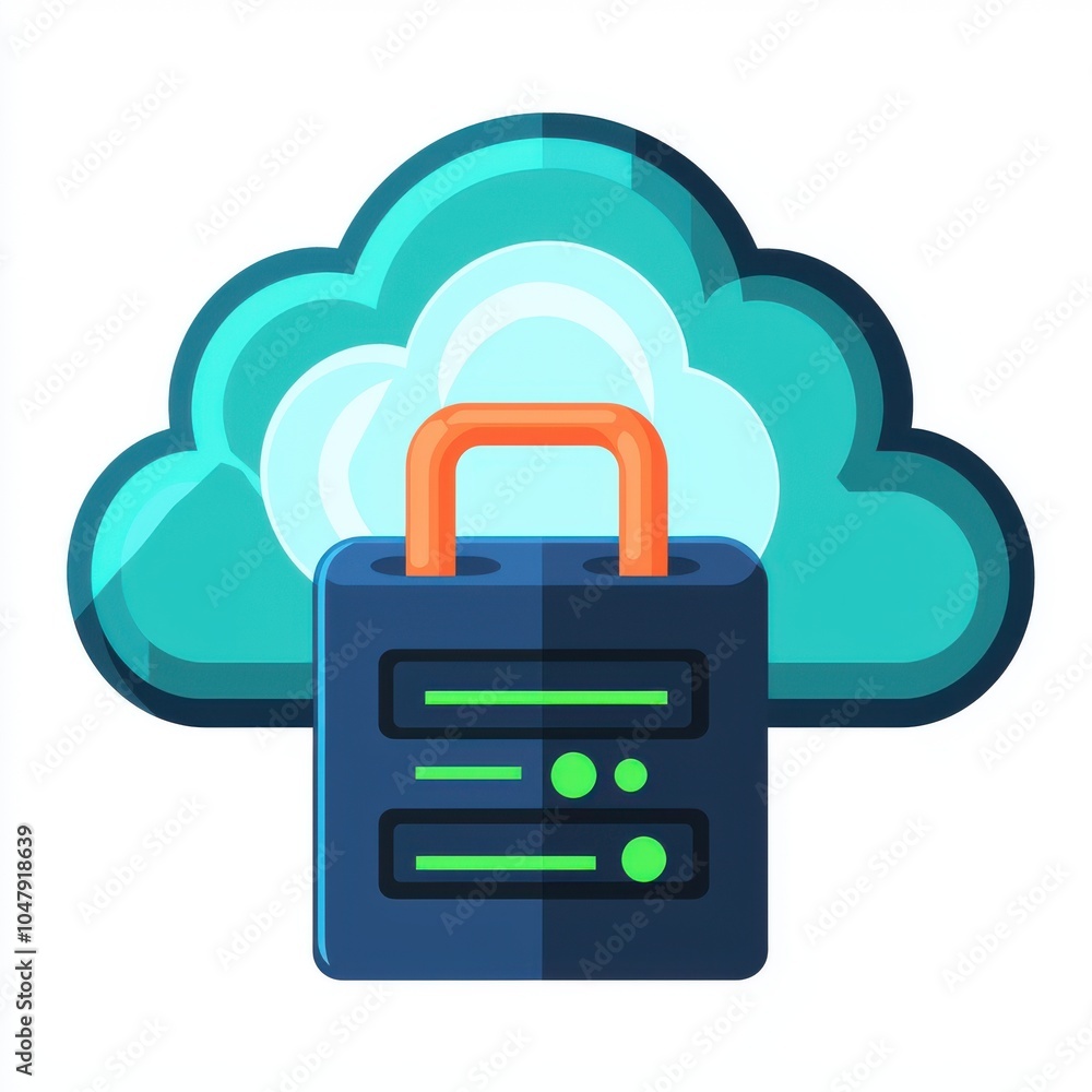 Poster cloud computing security concept with a lock and server illustration.