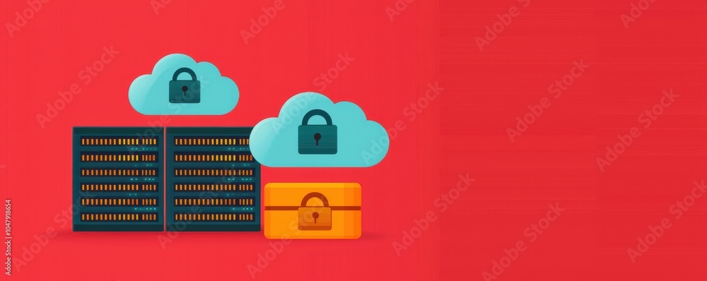 Poster cloud security concept with servers and locked data on a vibrant red background.