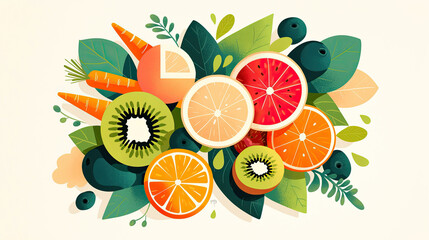 Illustrations of oranges, watermelons, kiwis, and various fruits