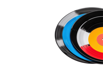 Colorful vinyl records spinning on a turntable against a black backdrop. isolated on transparent background.