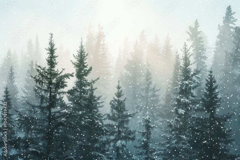 Aufkleber A quiet forest is enveloped in soft snowfall, with tall pine trees standing majestically against a cloudy winter sky. Generative AI