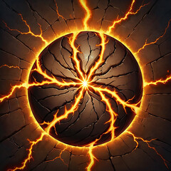 A round, cracked stone sphere glows with fiery energy, surrounded by crackling, orangeyellow flames emanating from cracks in the surrounding stone.