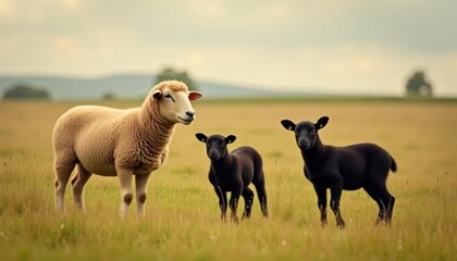  Peaceful pastoral scene with a mother sheep and her two lambs
