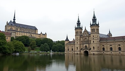 Obraz premium Elegant European castle reflected in serene waters