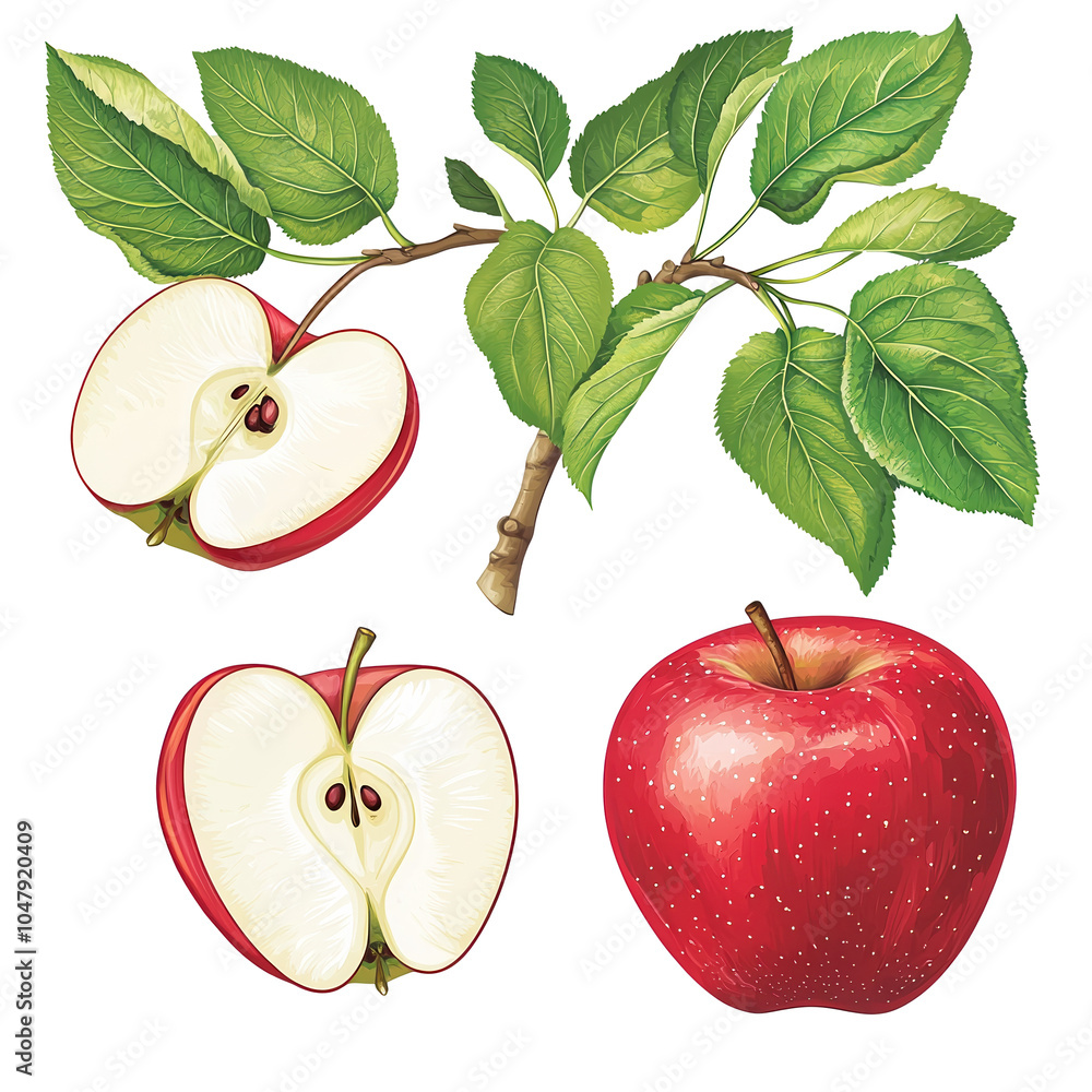 Poster fresh apples with leaves, showcasing whole and sliced varieties on white isolate background. isolate