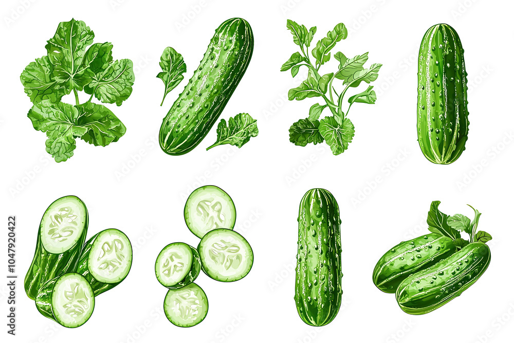 Poster fresh cucumbers and leaves arranged on a white isolate background. isolated on transparent backgroun