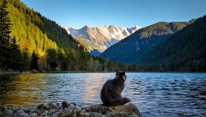 cat sitting on beautiful mountain lake, vibrant tone