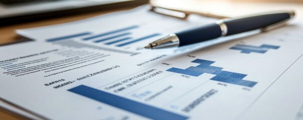 A pen lies on a sheet of paper with graphs, charts, and financial data.