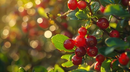 Obraz premium Close-Up of Red Berries on a Branch with Green Leaves and a Bokeh Background