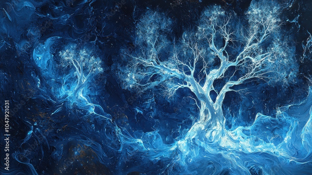 Poster enchanting nightscape with ethereal trees