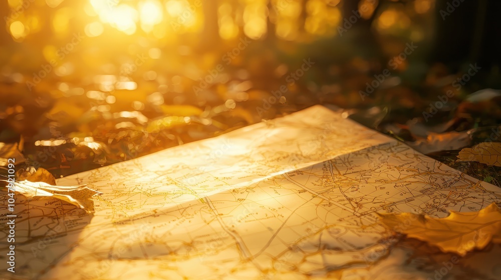 Poster sunlit fall background with leaves and map